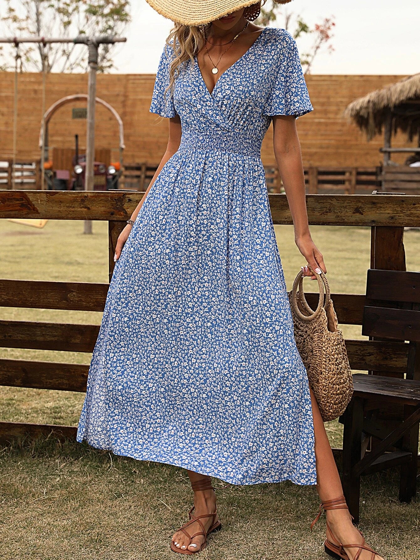 Breezaya Ditsy Floral Print Surplice Neck Butterfly Sleeve Split Thigh Dress