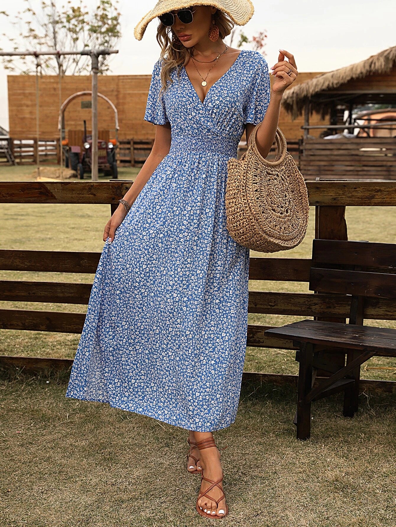 Breezaya Ditsy Floral Print Surplice Neck Butterfly Sleeve Split Thigh Dress