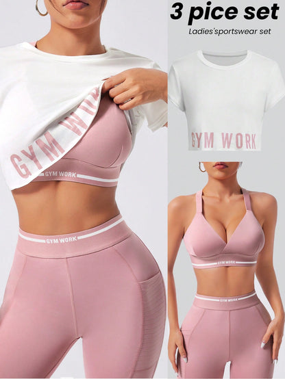 Easify SHEIN Sport Women'S round Neck Short Sleeve Letter Print Simple Top and Pants Casual Versatile Sports Suit Workout Women Setwomen Workout Set Women Leggings Set