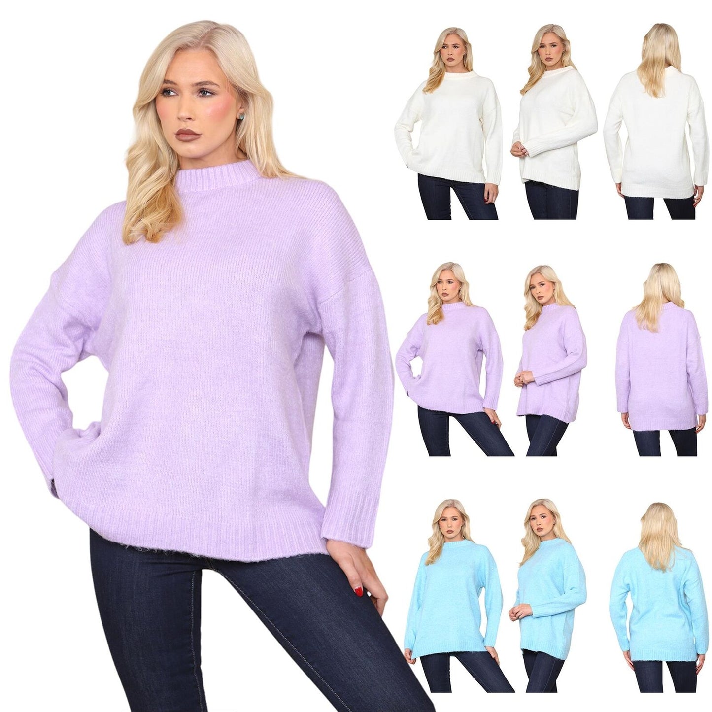 Womens Pullover Plain Oversized Knitted High Neck Long Sleeve Jumper Sweater Top