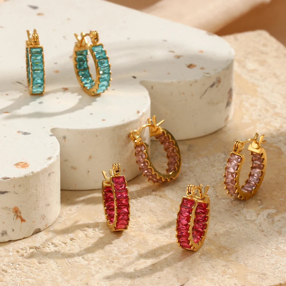 Creative Design Summer Colorful Blingbling Crystal Paved Hoop Earrings Red Pink Purple Blue Clear Earrings for Women