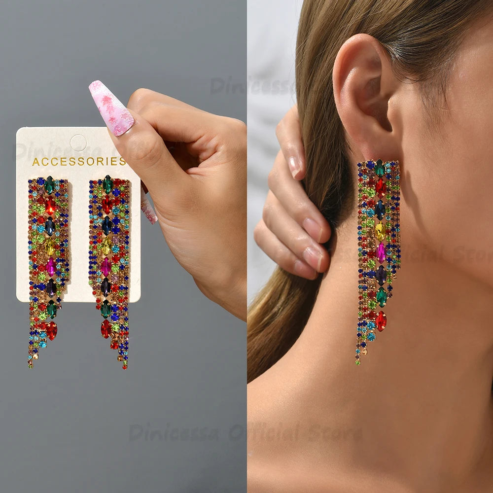 Summer Beach Beads Crystal Geometric Dangle Earrings for Women Boho Luxury Multicolored Ear Accessories Retro Statement Jewelry