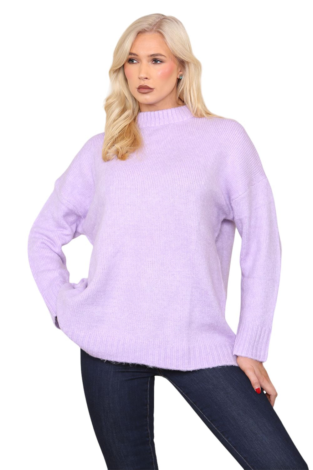 Womens Pullover Plain Oversized Knitted High Neck Long Sleeve Jumper Sweater Top