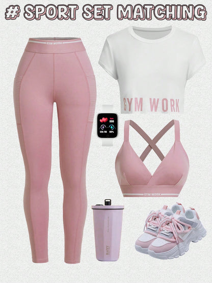 Easify SHEIN Sport Women'S round Neck Short Sleeve Letter Print Simple Top and Pants Casual Versatile Sports Suit Workout Women Setwomen Workout Set Women Leggings Set