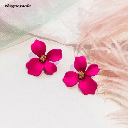 Fuchsia Flower Shape Earring Stud for Women Metal Flower Fuchsia Painting Post Earrings Summer Vacation Women Party Jewelry
