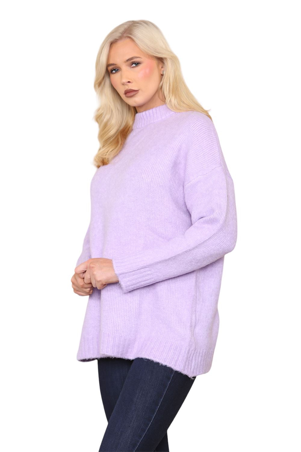 Womens Pullover Plain Oversized Knitted High Neck Long Sleeve Jumper Sweater Top