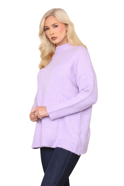 Womens Pullover Plain Oversized Knitted High Neck Long Sleeve Jumper Sweater Top