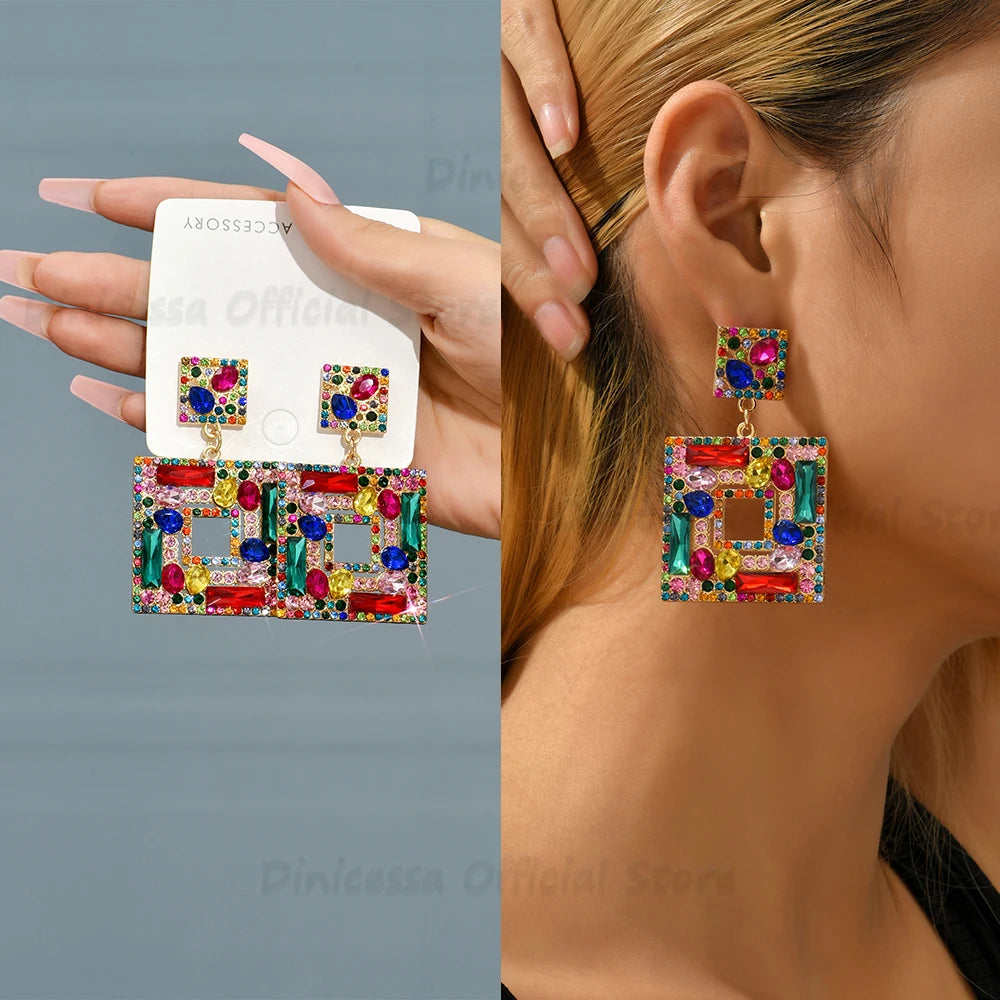 Summer Beach Beads Crystal Geometric Dangle Earrings for Women Boho Luxury Multicolored Ear Accessories Retro Statement Jewelry