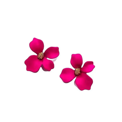 Fuchsia Flower Shape Earring Stud for Women Metal Flower Fuchsia Painting Post Earrings Summer Vacation Women Party Jewelry