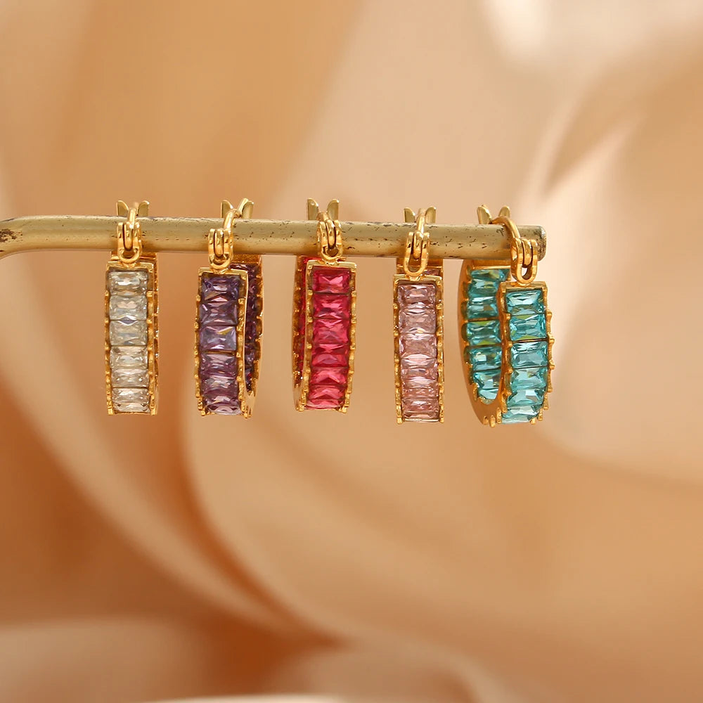 Creative Design Summer Colorful Blingbling Crystal Paved Hoop Earrings Red Pink Purple Blue Clear Earrings for Women