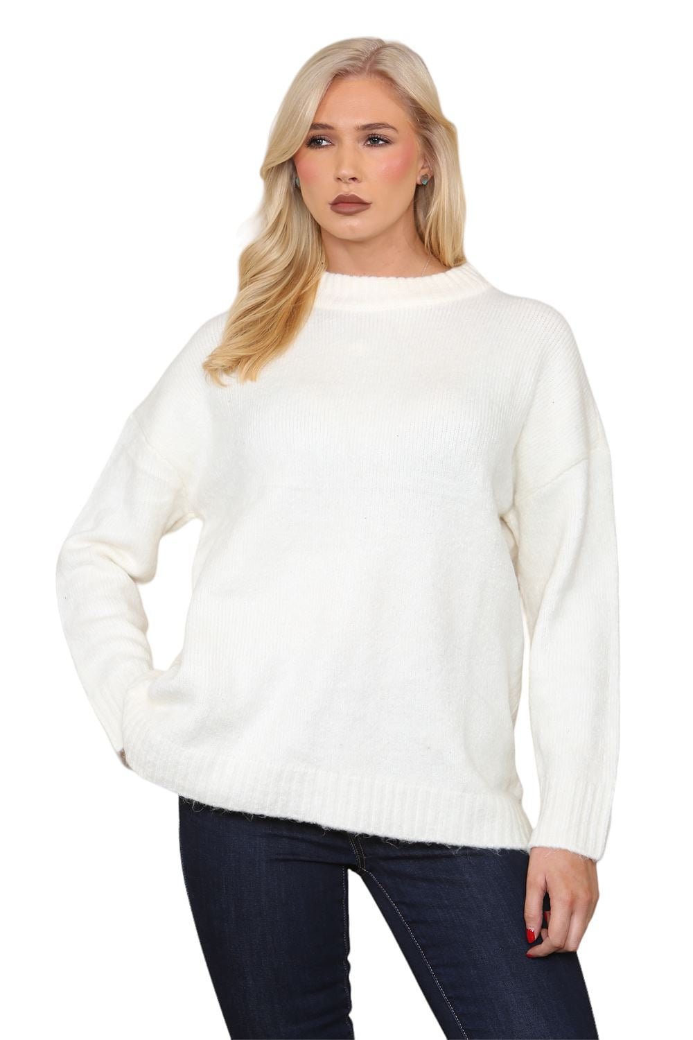 Womens Pullover Plain Oversized Knitted High Neck Long Sleeve Jumper Sweater Top