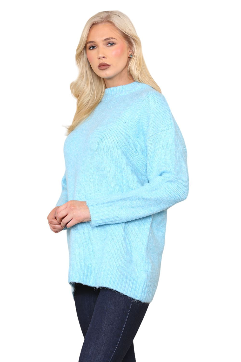 Womens Pullover Plain Oversized Knitted High Neck Long Sleeve Jumper Sweater Top