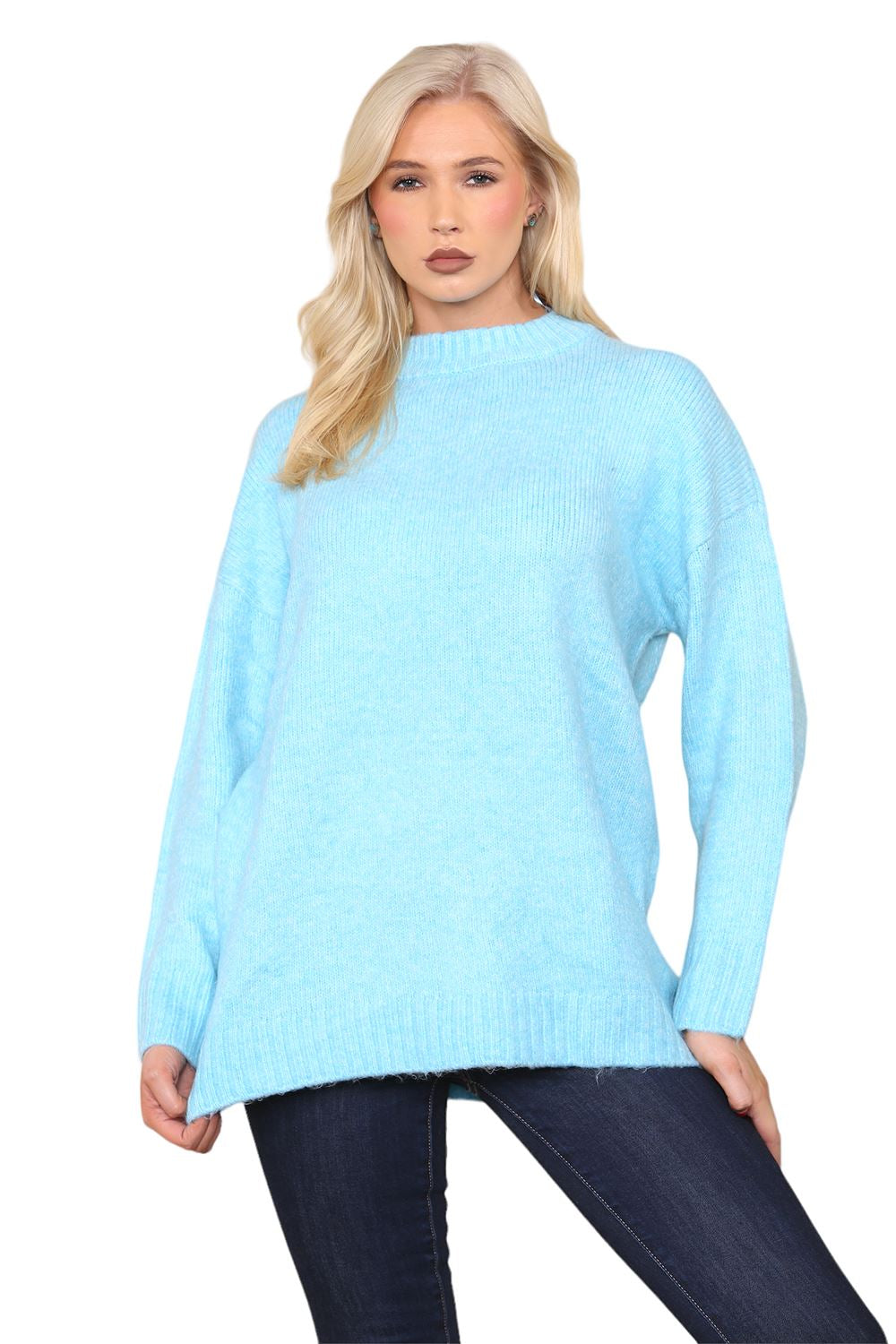 Womens Pullover Plain Oversized Knitted High Neck Long Sleeve Jumper Sweater Top