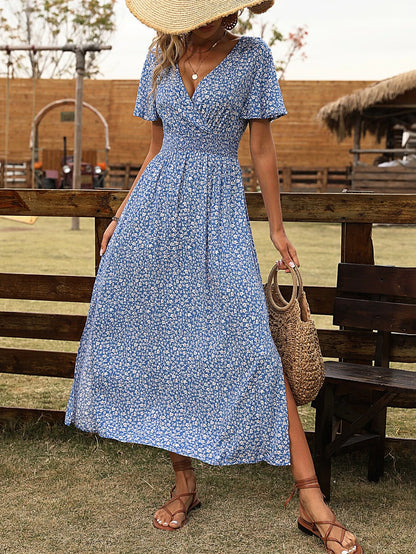 Breezaya Ditsy Floral Print Surplice Neck Butterfly Sleeve Split Thigh Dress