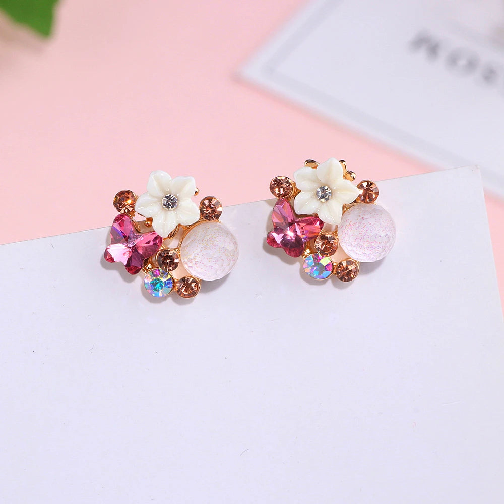 New Korean Style Colorful Crystal Flower Stud Earrings for Women Girls Fashion Summer Accessories Elegant Sweet Earrings WX132