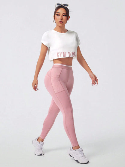 Easify SHEIN Sport Women'S round Neck Short Sleeve Letter Print Simple Top and Pants Casual Versatile Sports Suit Workout Women Setwomen Workout Set Women Leggings Set